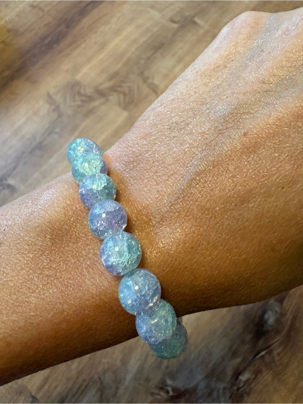 Iridescent Blue Green Lavender Crackle Dyed Quartz Beaded Stretch Bracelet